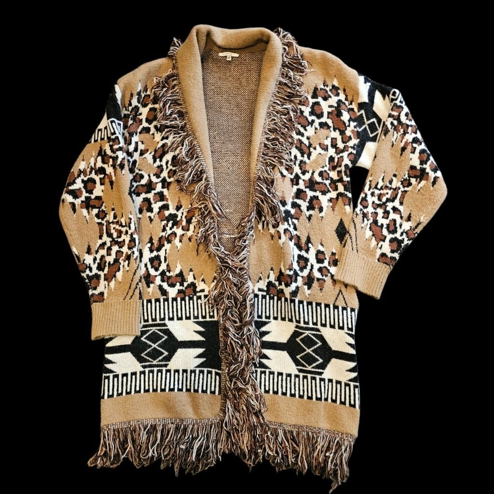 Womens Leopard Print Southwest Cardigan Sweater Sz S Fringe Tan Black Pockets